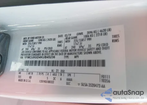 2019 Ford Escape Se z USA, uszkodzony, nr VIN 1FMCU0GD4KUB45236